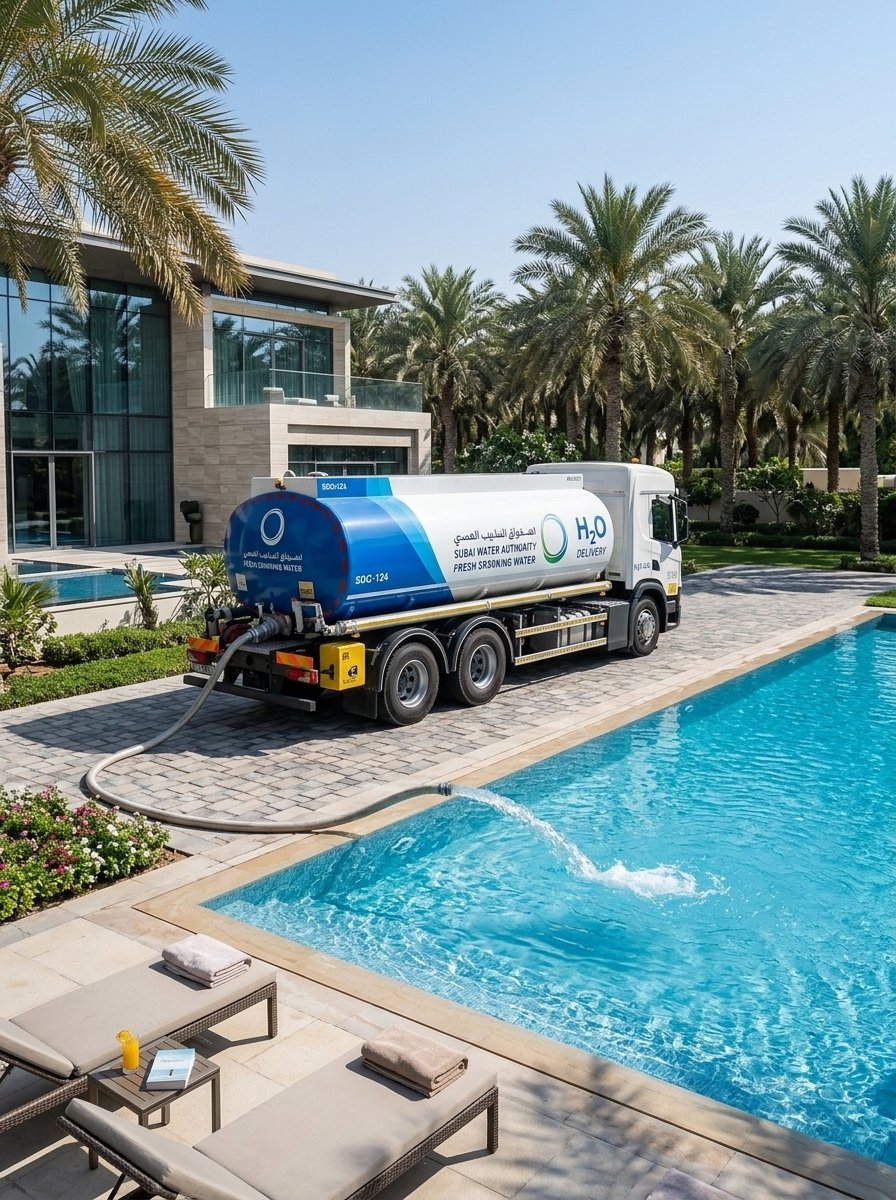 Sweet water tanker filling a swimming pool at a Dubai villa