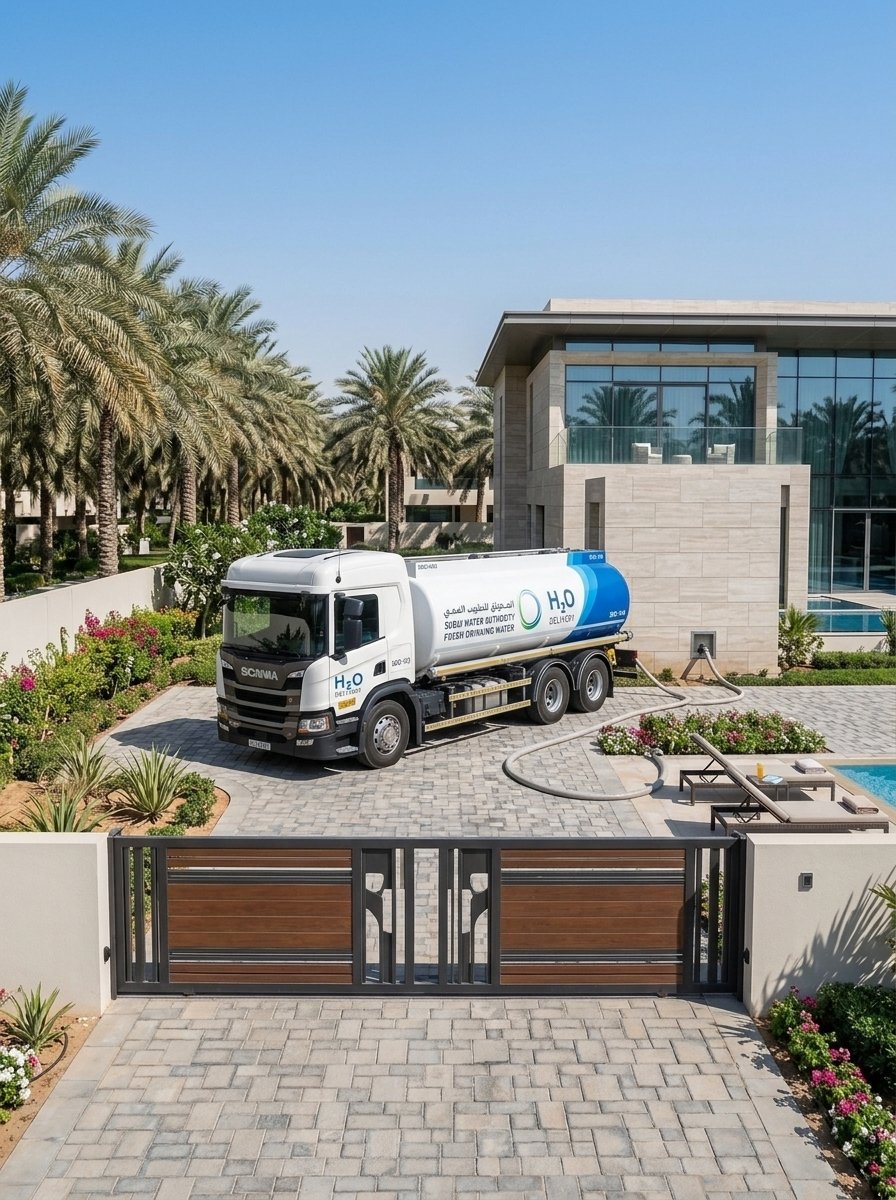 Water tanker truck delivering sweet water to a villa in Dubai