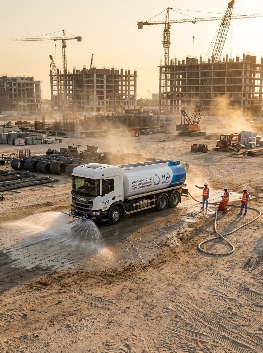 Water tanker supplying salt water to a construction site in Dubai