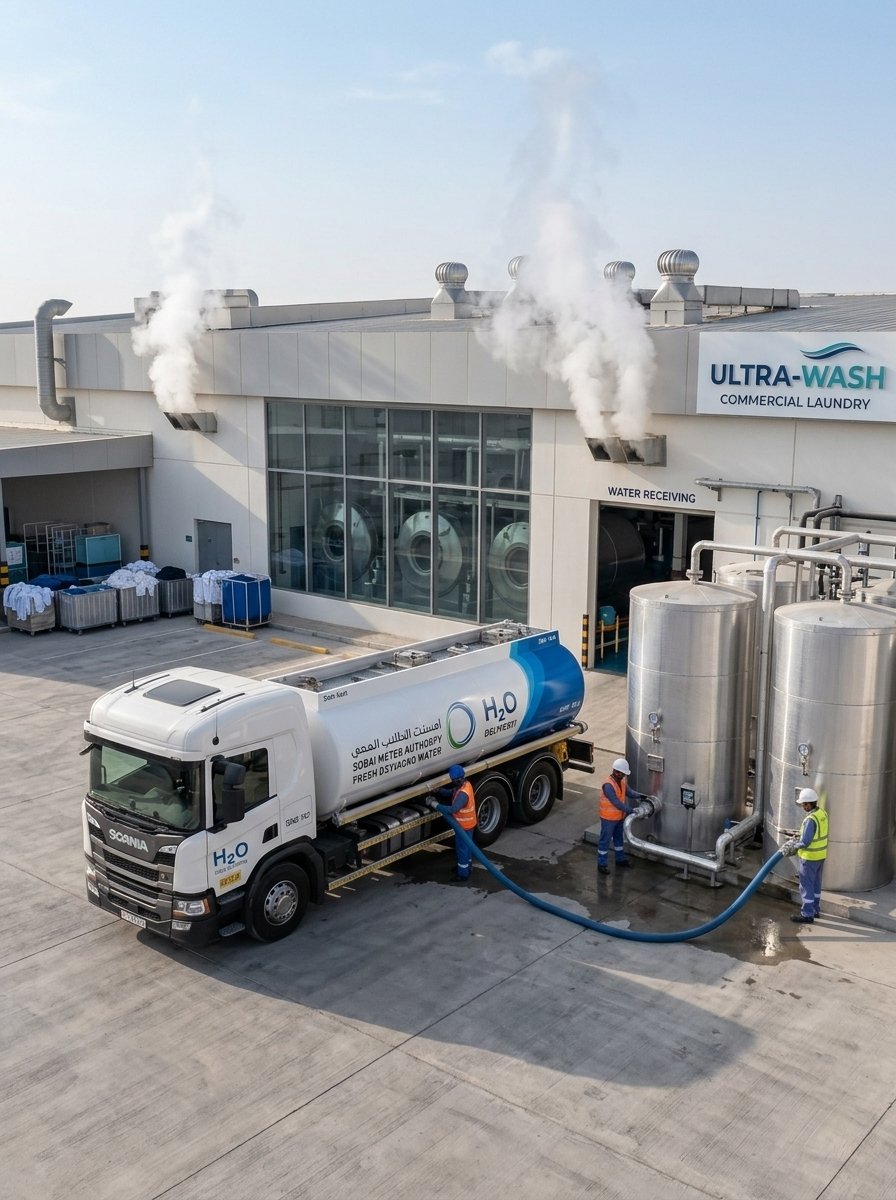 Water tanker delivering water to a commercial laundry facility in Dubai