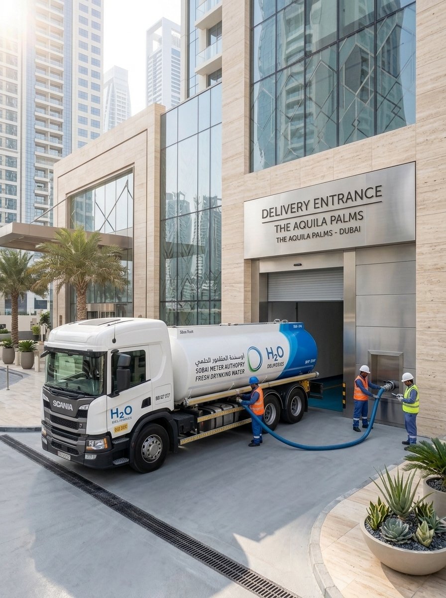 Water tanker delivering water at a Dubai hotel service entrance