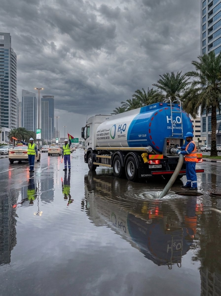 Tanker truck removing flooded rain water from a Dubai street