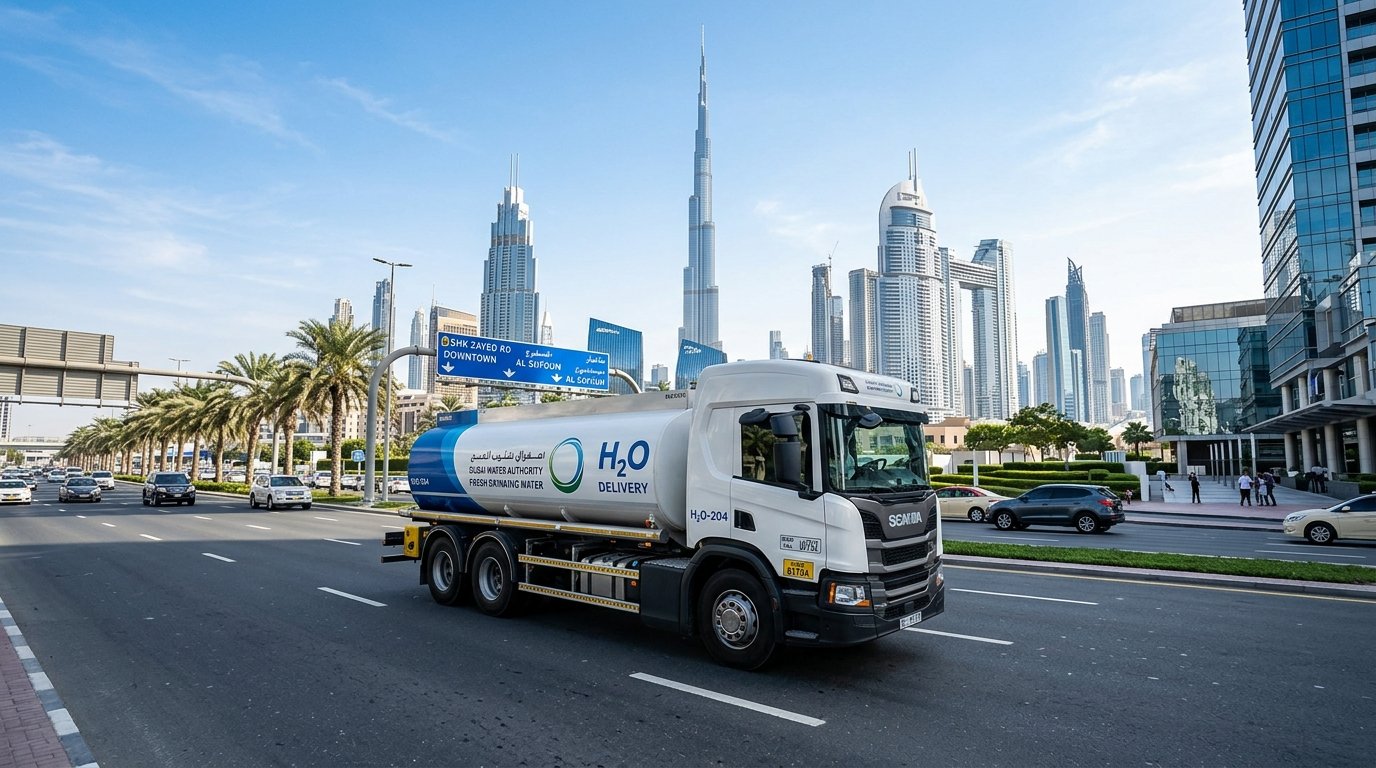 Sweet water tanker truck delivering water across Dubai with the city skyline in the background